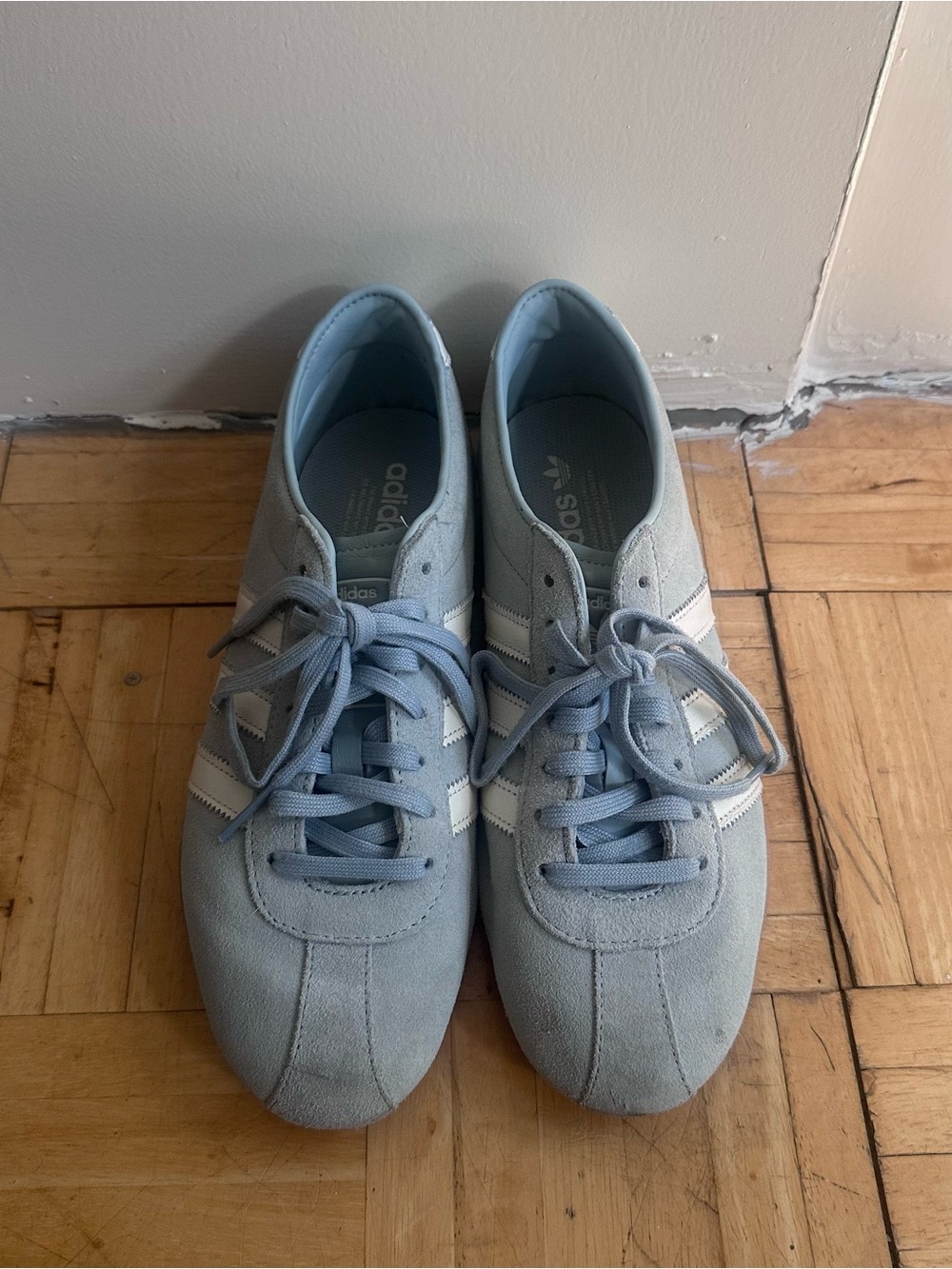adidas Women’s Light Blue Suede Sneakers with White Stripes